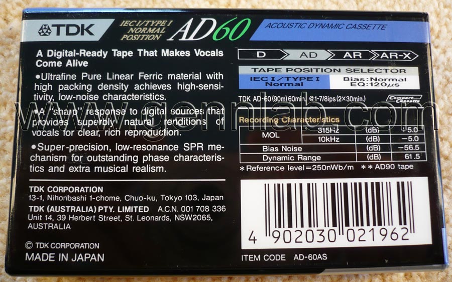 TDK AD60. Japan. Sealed. Rear label.