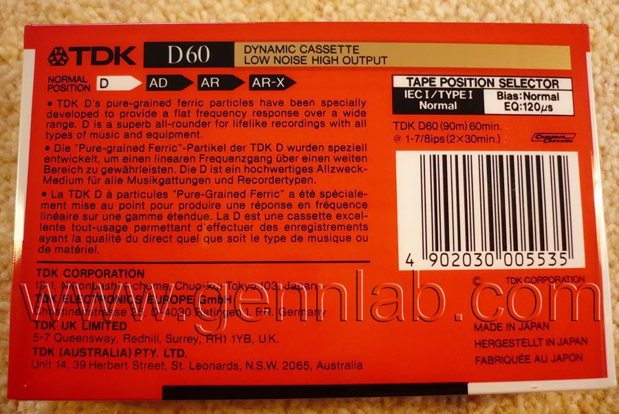 TDK D60. Japan. Sealed. Rear label.